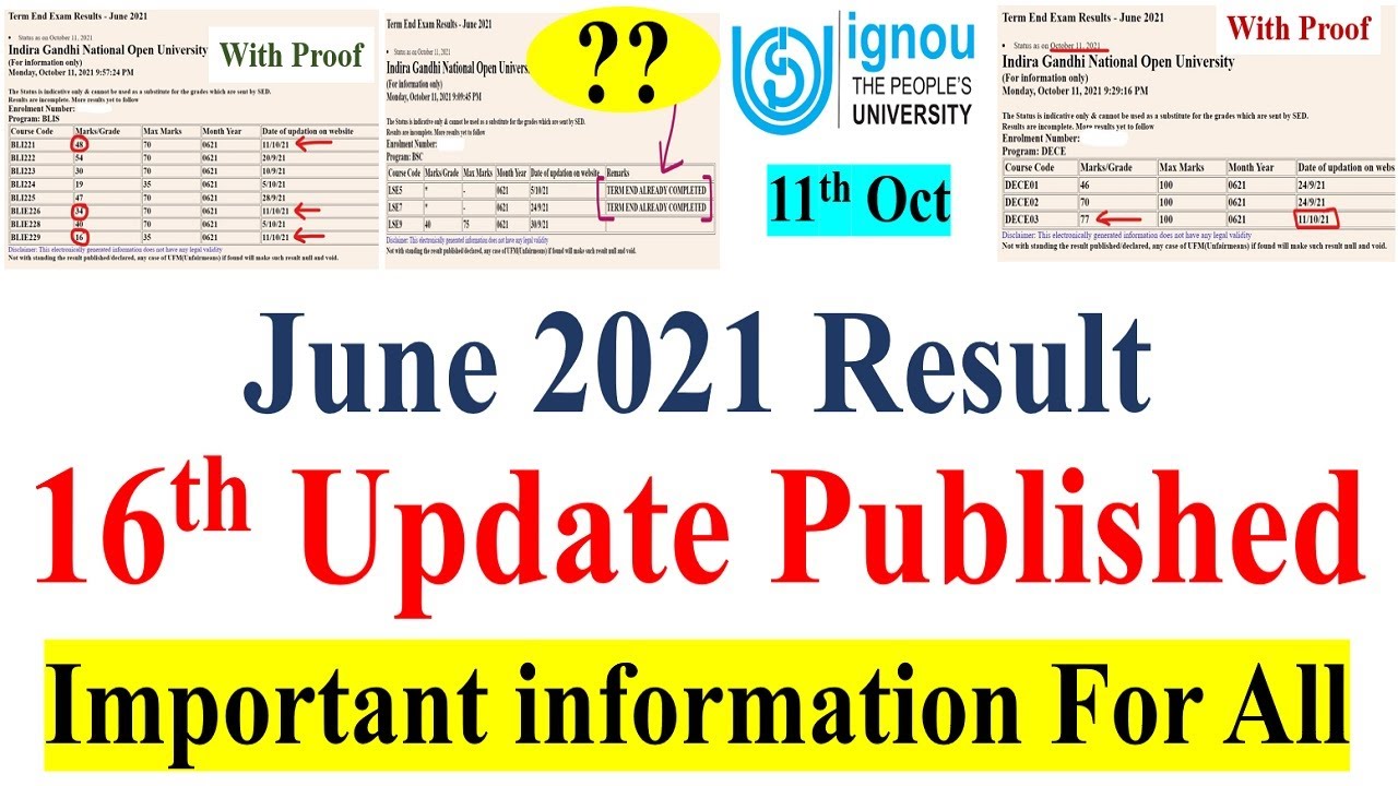 IGNOU JUNE 2021 Exam Result 16th Update Published, Important information For IGNOU Students