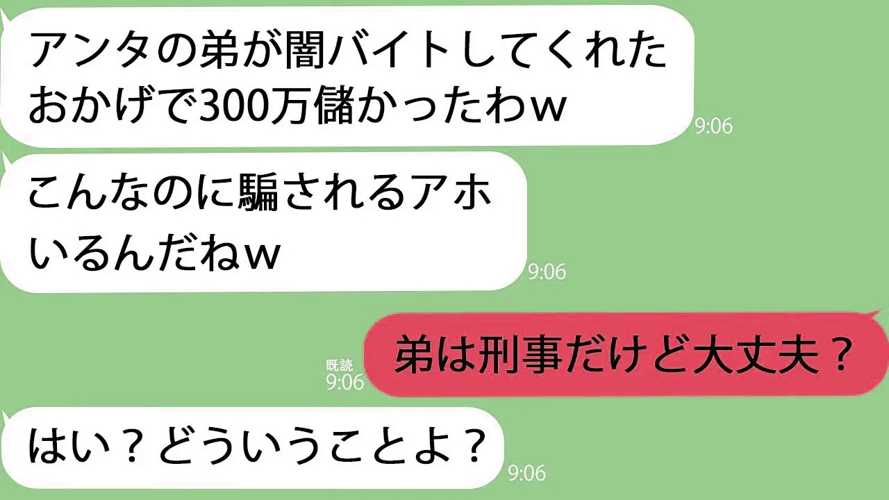 【LINE】うちの弟に闇バイトをやらせて300万儲けたママ友「アンタの弟アホすぎるｗ」→弟の正体が刑事で潜入捜査だと知ったときのママ友の反応が笑えるｗｗ