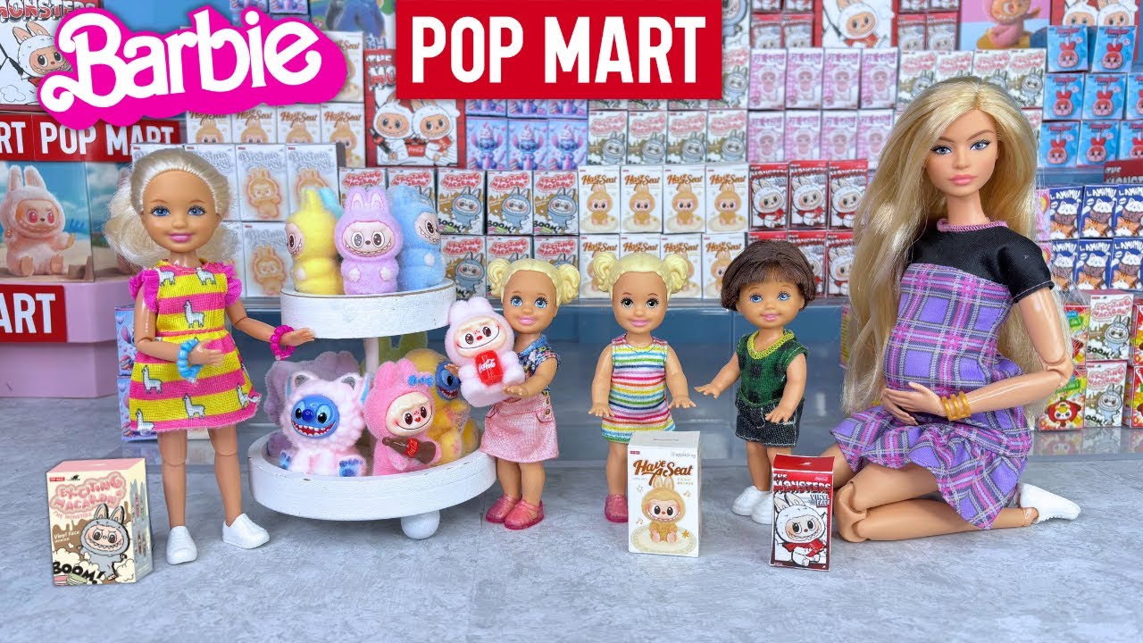 Семья кукол Барби, покупка игрушек Лабубу в магазине Mini Popmart