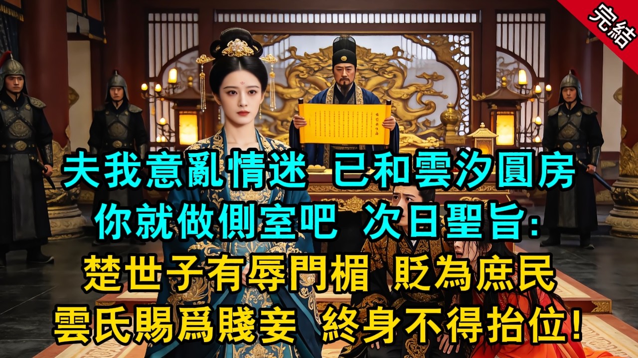 「我意亂情迷，已和雲汐圓房，她當為正妻，你就做側室吧！」，次日聖旨：楚世子有辱門楣，貶為庶民，雲氏賜爲賤妾，終身不得抬位！#原創 #古言 #小說