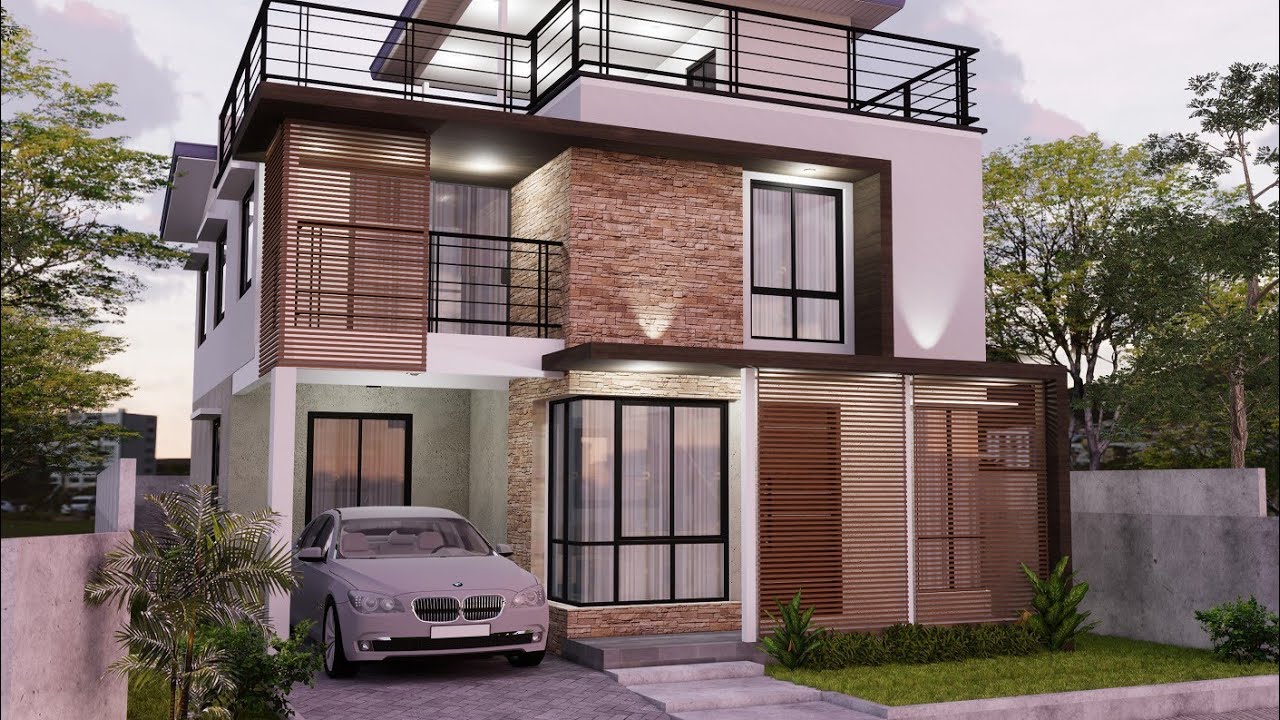 7.95m x 10.0m 2-storey with roof deck contemporary 3d house design idea with construction sequence