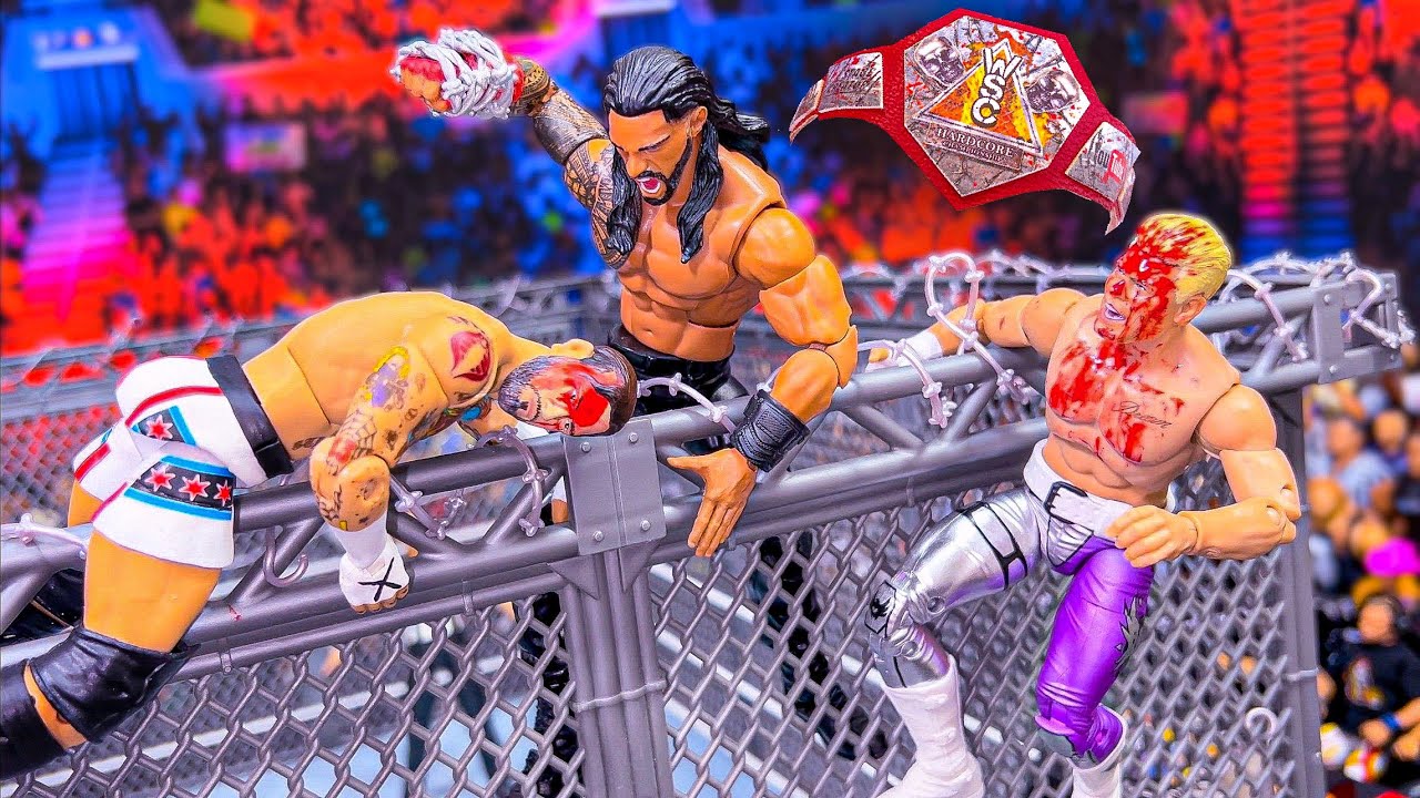 CM Punk против Roman Reigns против Cody Rhodes - матч фигурок из колючей проволоки и стальной кле...