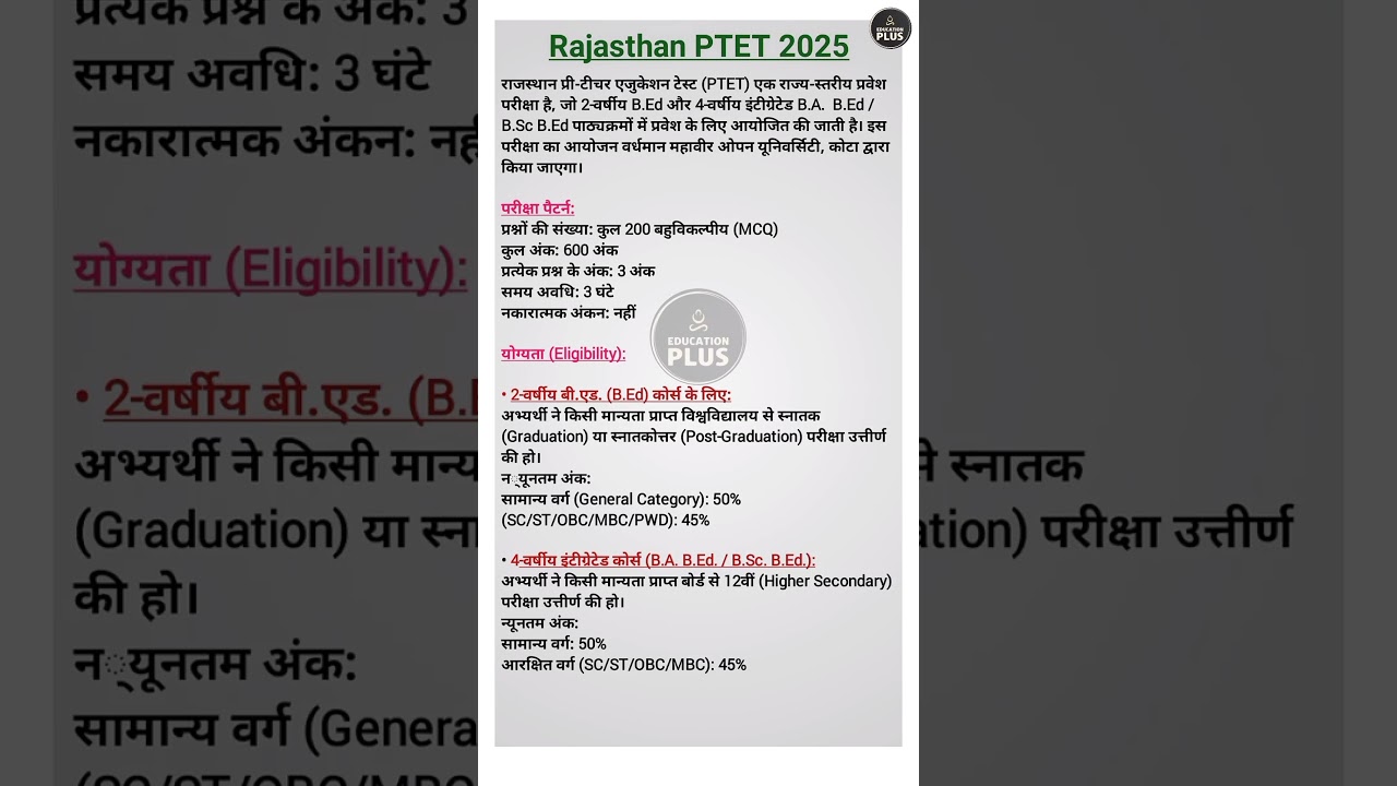 Rajasthan PTET 2025 || Eligibility #ptet