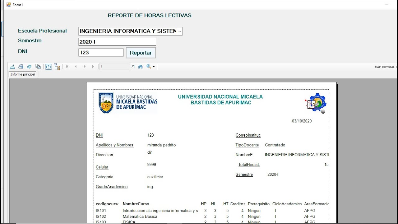 REPORTES CON CRYSTAL REPORT Y VISUAL STUDIO, CARGA ACADEMICA DOCENTE Y DETALLE DE CURSOS ASIGNADOS.