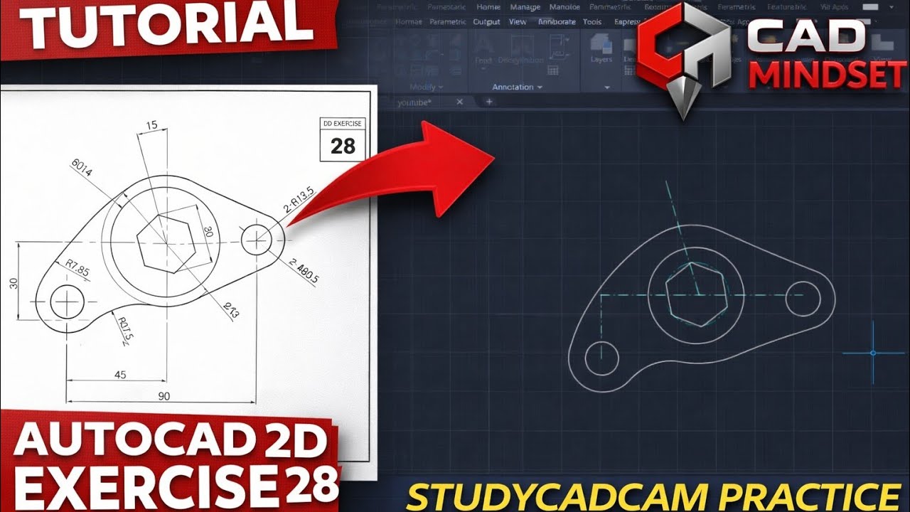 AutoCAD 2D Exercise 28 Tutorial | STUDYCADCAM Practice | CAD Mindset