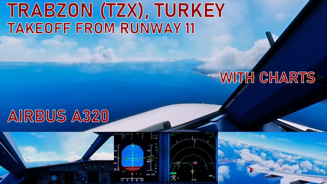 TRABZON (TZX): Pushback, taxi and takeoff from runway 11 | Cokpit views + charts | Airbus A320