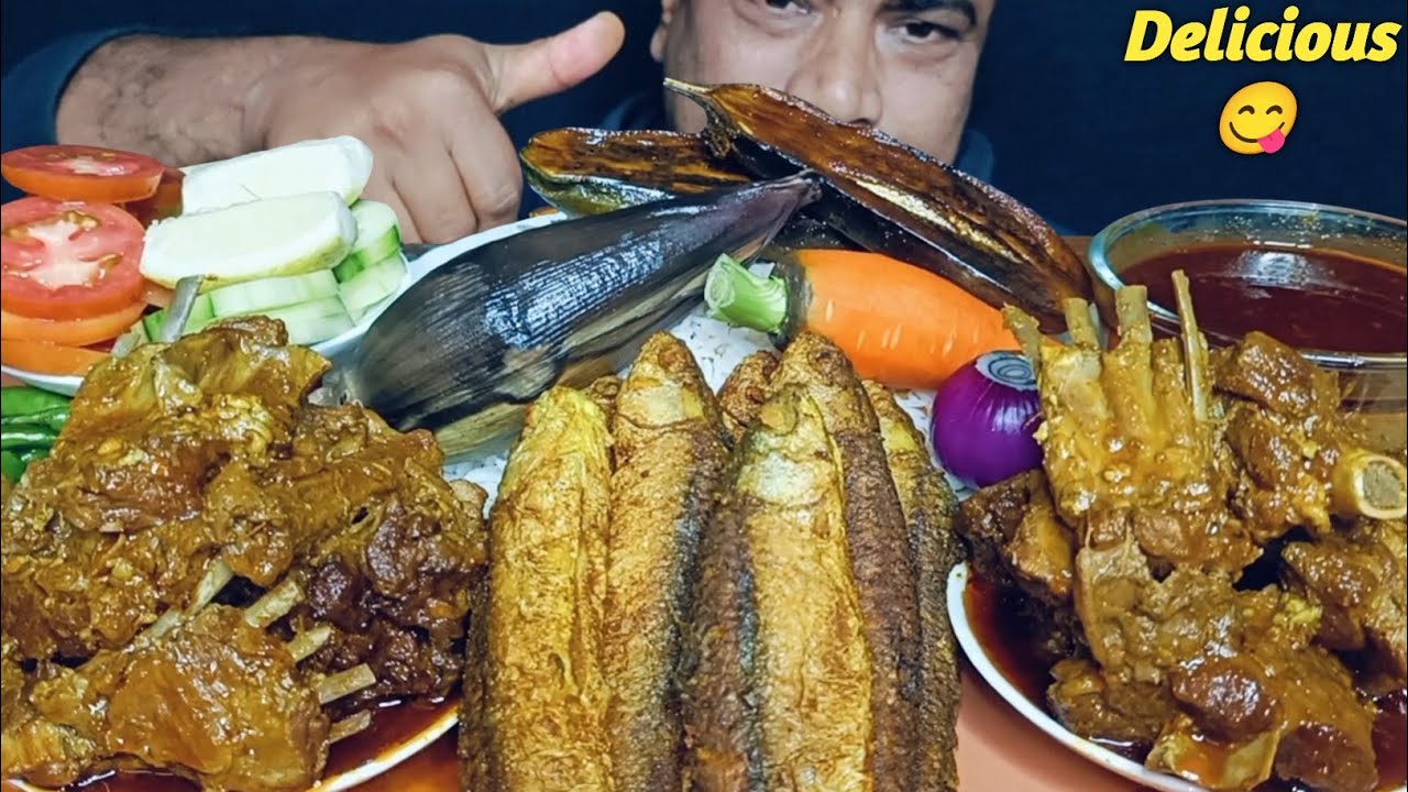 Eating Spicy Mutton Curry With Basmati Rice| Nola Fish Fry| Banana Flower| Brinjal Fry| Mutton Grevy