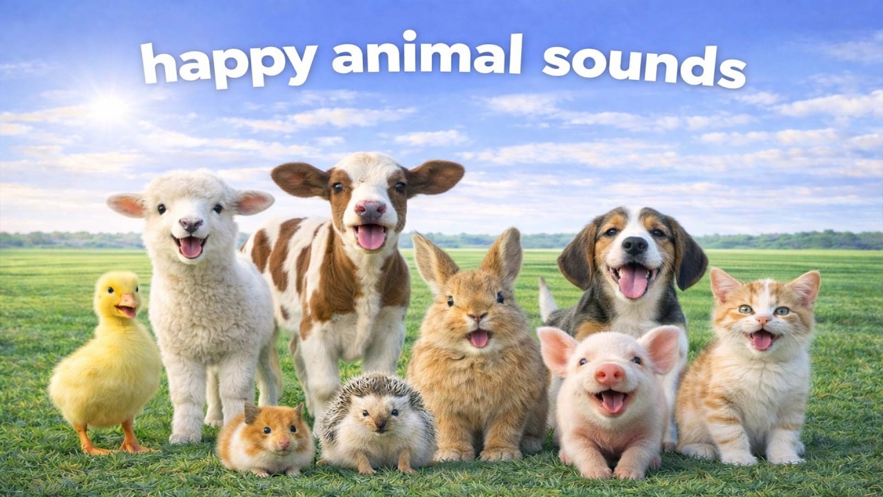 Happy Animal Sounds: Elephant, Sheep, Cow, Chicken, Cat, Hippopotamus, Bee – Learn About Animals