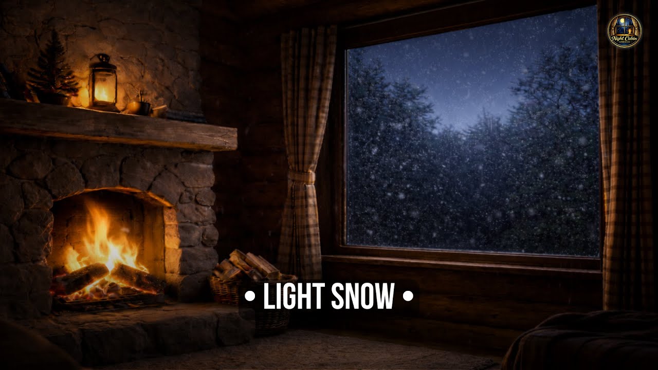 Night Cabin Ambience • Light Snowfall + Crackling Fireplace + Soft Wind 10 Hours Deep Sleep