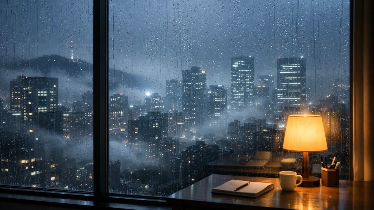 Foggy Seoul Evening Rain | Cozy Window View • No Music, No Talking