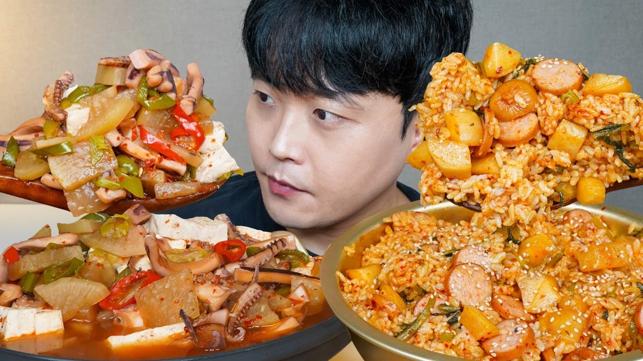 [와차밥] 소세지 깍두기볶음밥 얼큰한 오징어무국 요리 먹방 Squid Soup & Radish Kimchi Fried Rice ASMR MUKBANG EATING SHOW