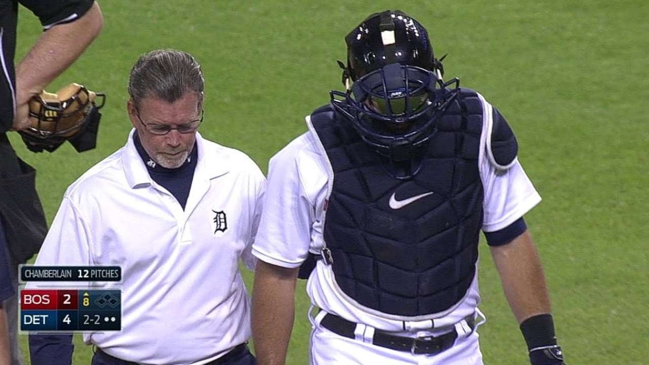 BOS@DET: Avila gets hit with backswing, leaves game