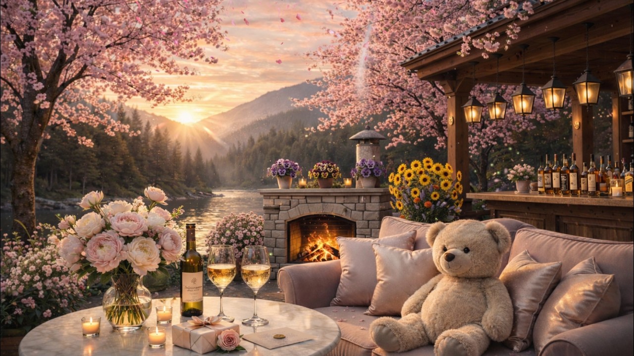 Spring Jazz by the Fireplace 🌸 Sunset Patio with Cherry Blossoms | Relax, Work & Study