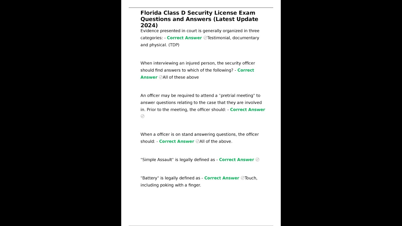 Florida Class D Security License Exam Questions and Answers Latest Update 2025