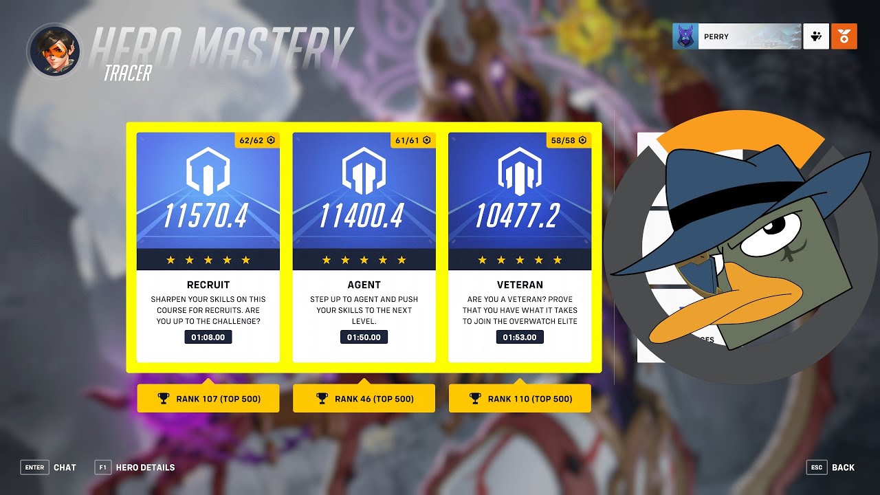 Tracer Hero Mastery Top 500, all 3 courses, Recruit, Agent, and Veteran, 5 stars - Overwatch 2