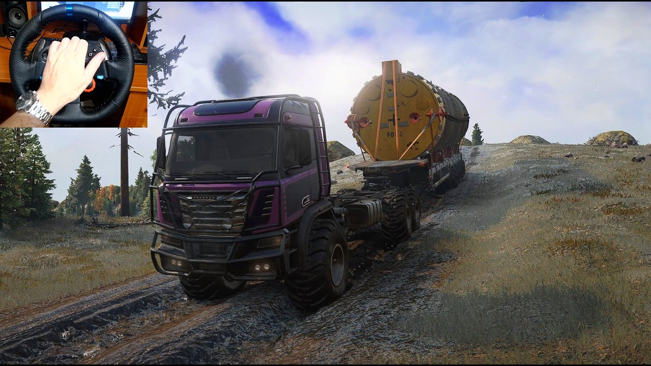 SnowRunner – Slim Femm 37AT Hauling a Large Drilling Anchor Trailer Through Deep Mud | Logitech G29