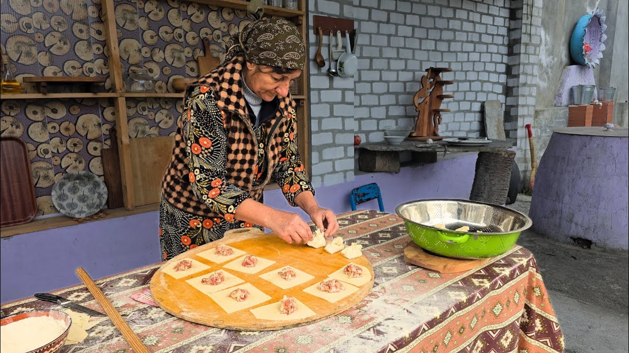 Azerbaijani Village Manti: Grandma's Traditional Dumpling Recipe Cooked Over Open Fire
