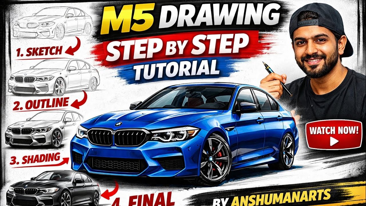 How to Draw a BMWM5 (Step by Step) 🔥 | Realistic Car Drawing Tutorial | AnshumanArts#drawing #viral 