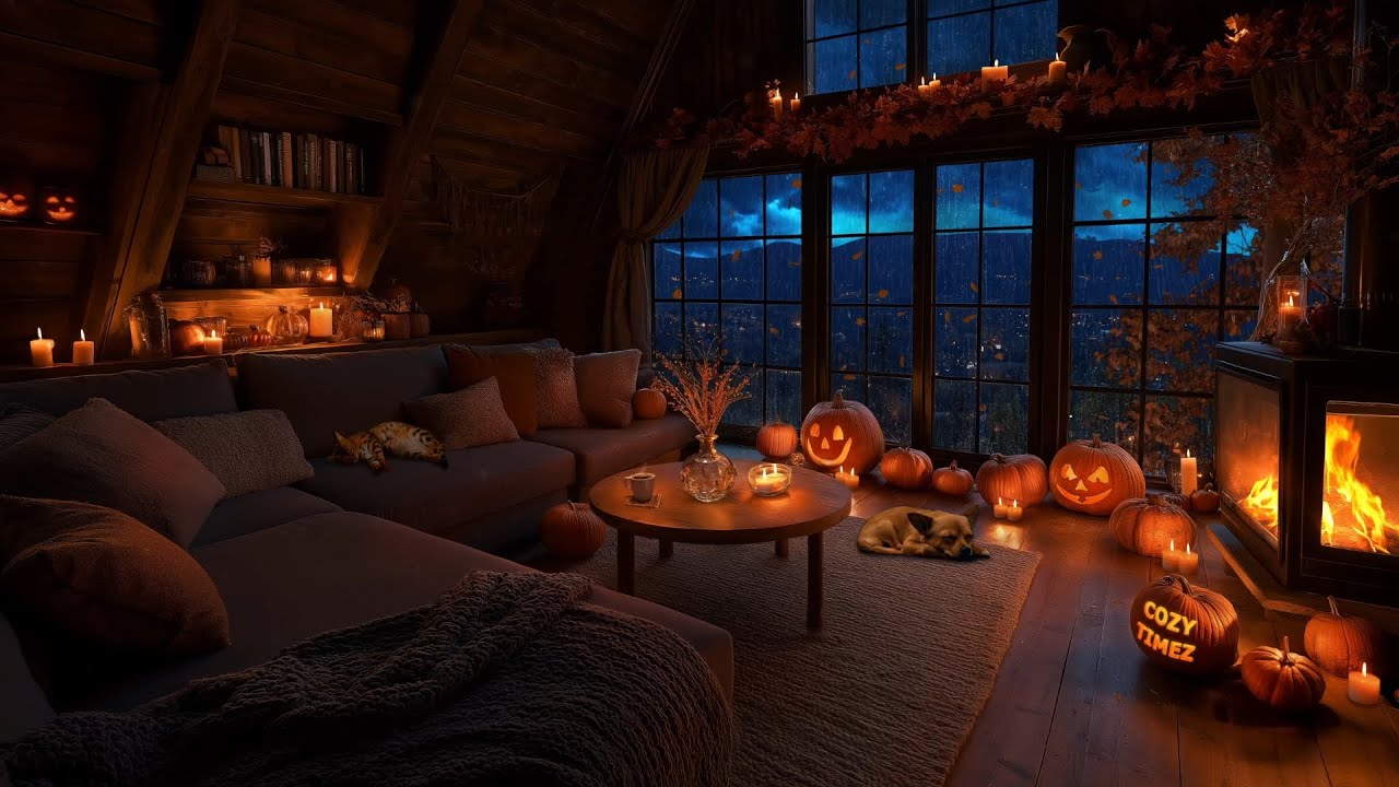 Rainy Autumn Night with Crackling Fireplace | Cozy Halloween Living Room Ambience