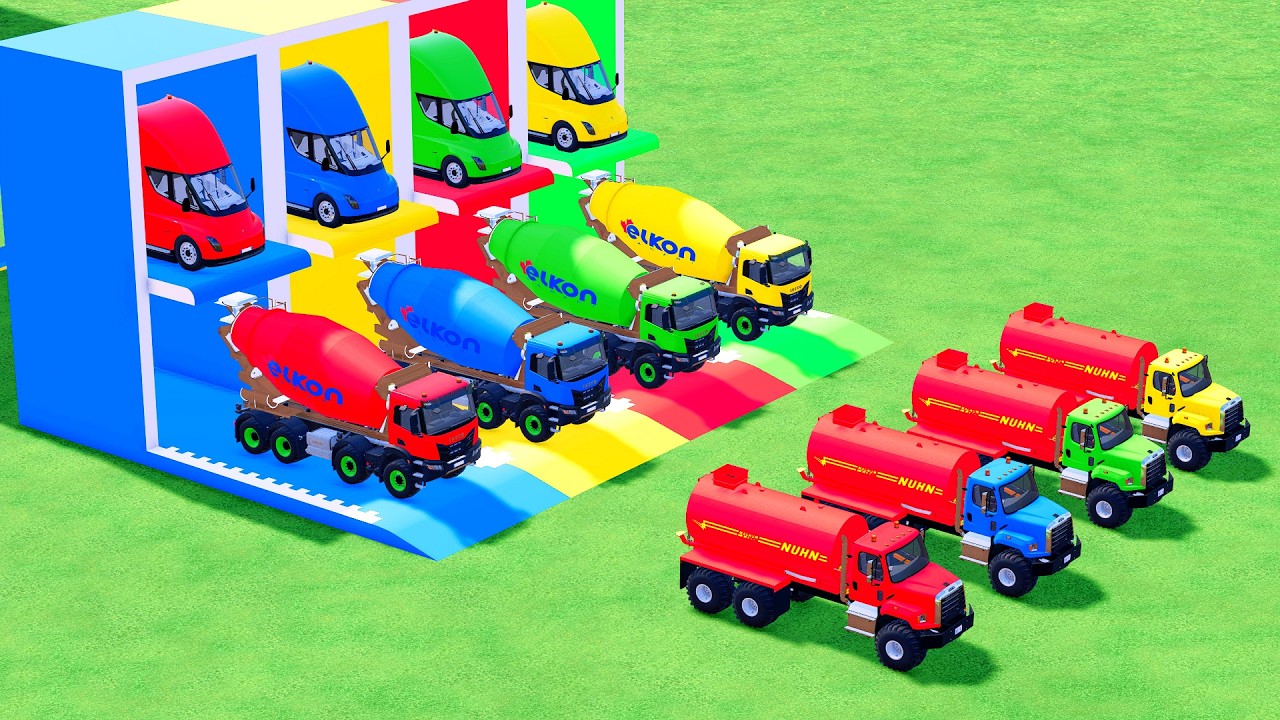 Garage with Colors - ALL MIXER TRUCK WITH DOUBLE FLATBED TRAILER TRUCK, SCANIA, MACK #89 - FS22