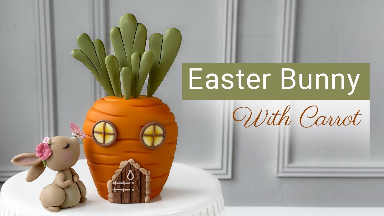 آموزش تاپر فوندانتی خرگوش و خونه هویجی (کارشده با ماکت) | Easter Bunny topper Tutorial