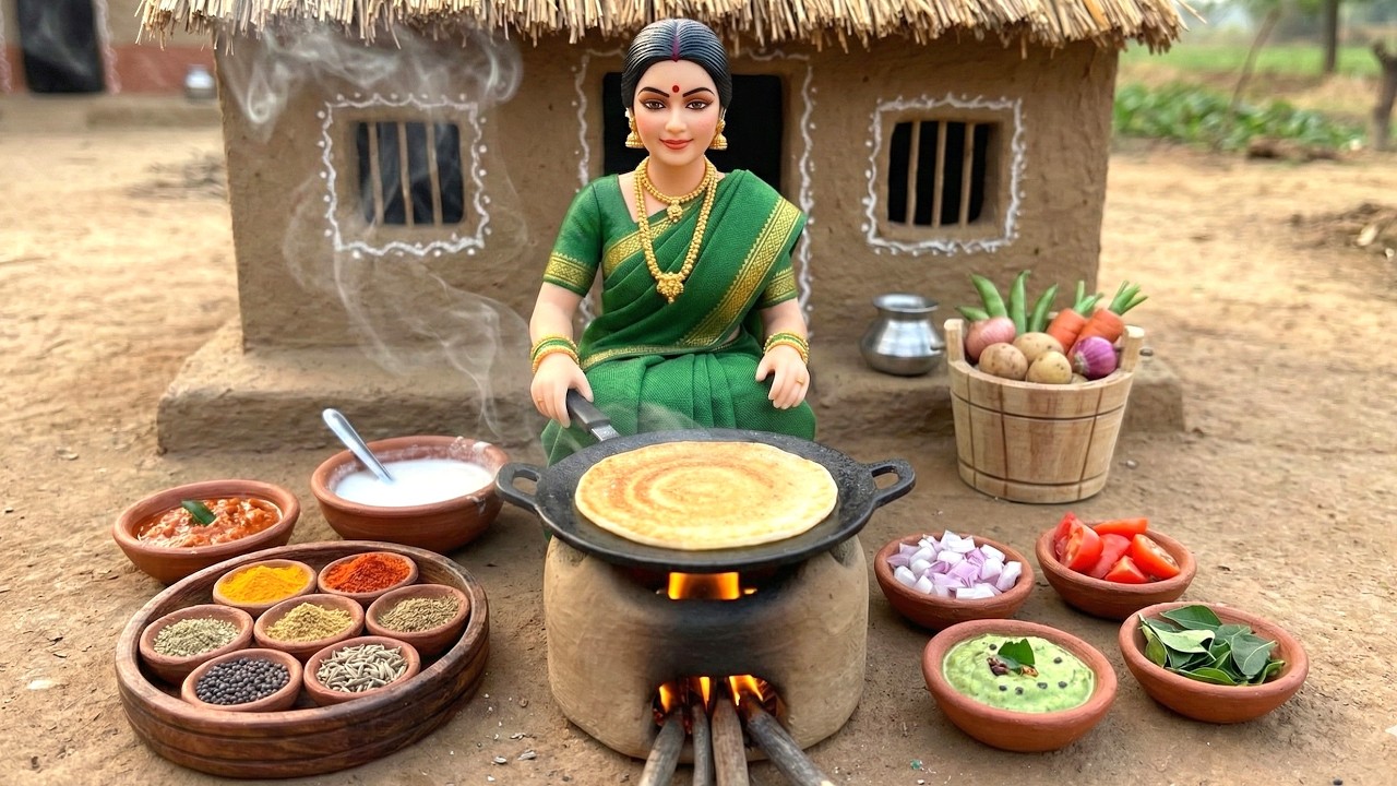 Tiny Doll Cooks Miniature Dosa | Mini Dosa ASMR Cooking