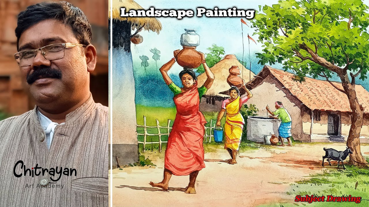 | Village Scenery Drawing Watercolor | Village Scenery Drawing | How To Draw Village Step By Step |