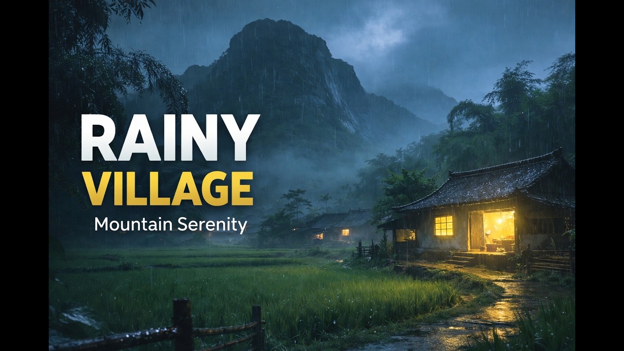 Peaceful Rainy Night in a Mountain Village with Lush Green Rice Fields