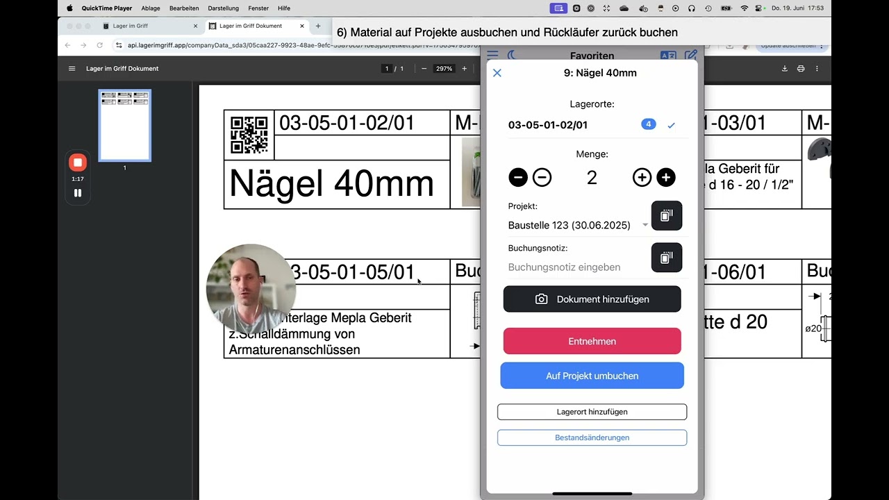 Schritt 6: Materialverwaltung leicht gemacht  Entnahme und Rückbuchung in Sekunden ⏱️