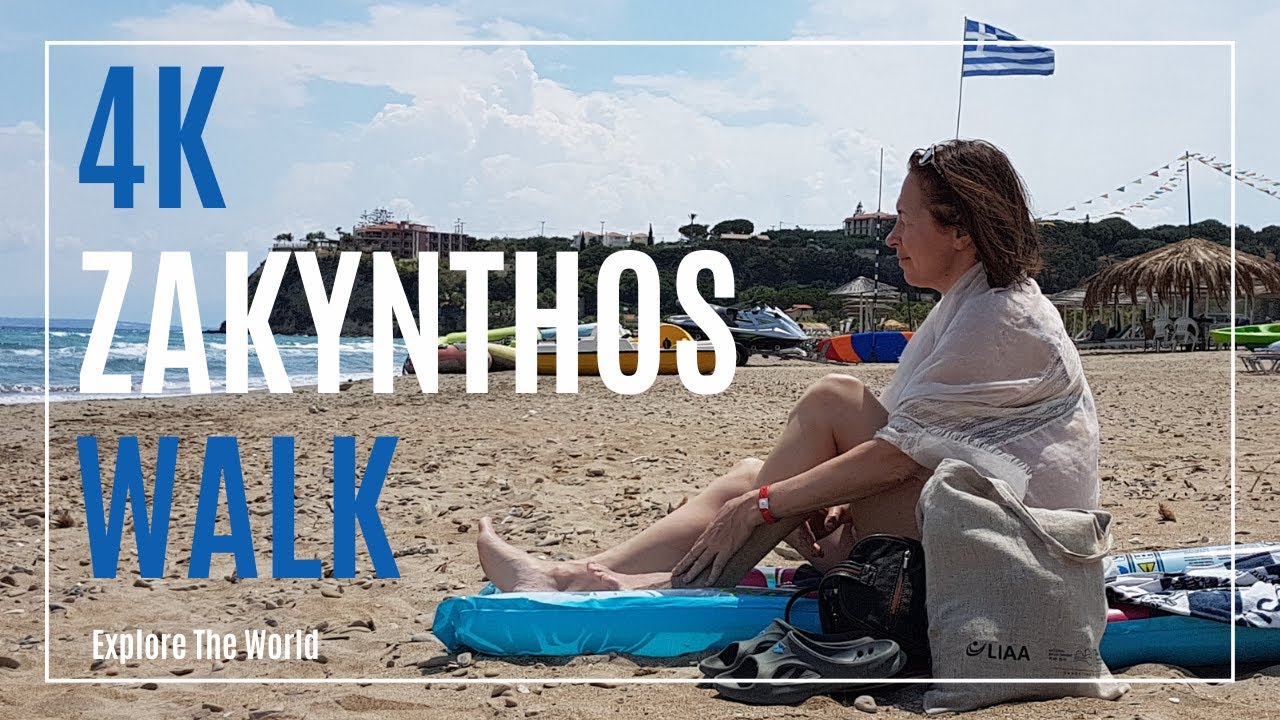 【4K】 Greece Zakynthos Walk - Paralia Tsilivi Beach with Sea Waves Sounds