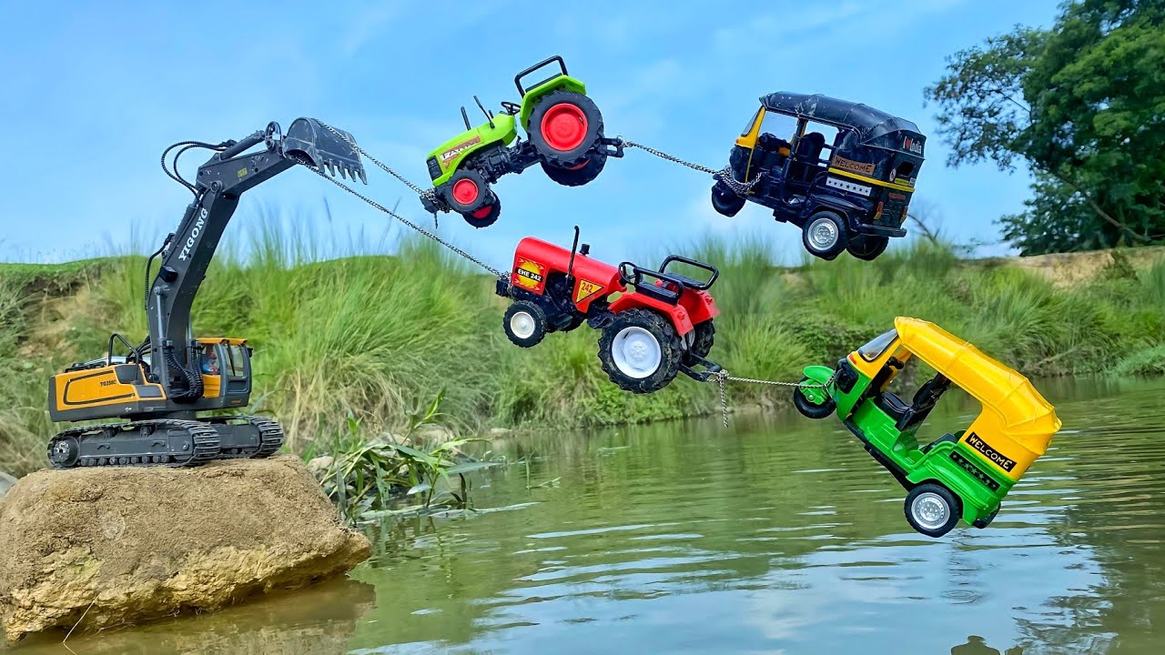 Muddy River Accident Auto Rickshaw Tractor Pulling Out JCB? | Cartoon Cartoon | AJ TOYS