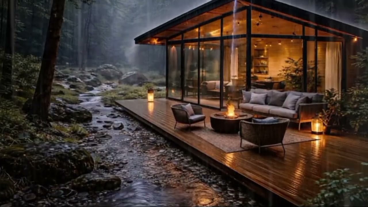 Cabana Aconchegante à Beira do Lago com Chuva Forte/ Cozy Cabin by the Lake with Heavy Rain