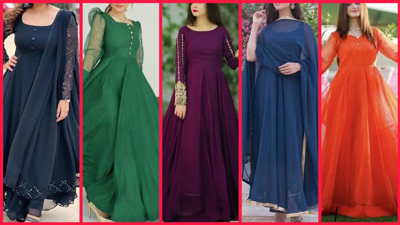 LATEST NEW PLAIN CHIFFON & GEORGETTE  LONG MAXI STYLE, CASUAL+PARTY WEAR FROCKS DESIGNS COLLECTION.