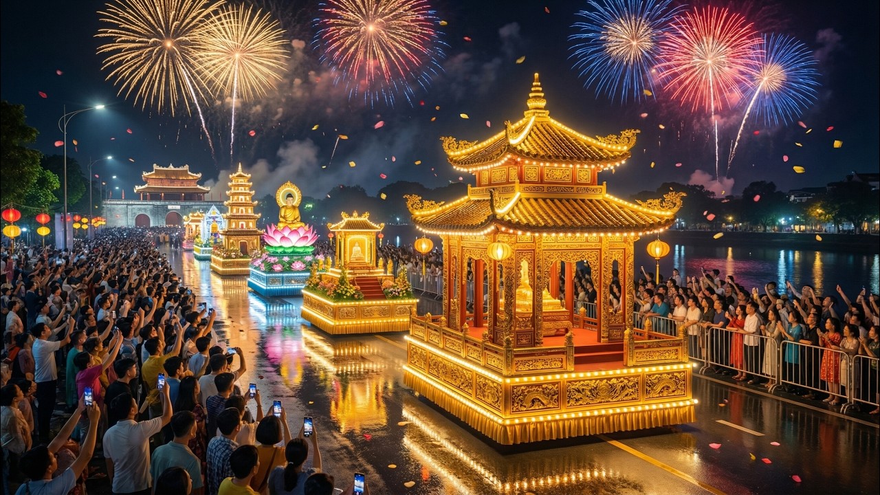 Hue Royal Court Festival Parade 2026 (4K) | Giant Golden Floats + Fireworks Night Show