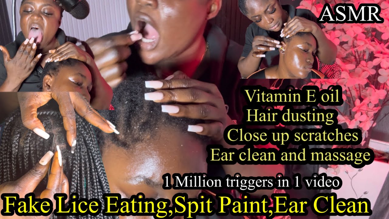 ASMR✨Fake Lice Eating and spit paint, Vitamin E capsule Braid scratch, Ear Clean and Massage,+Grease