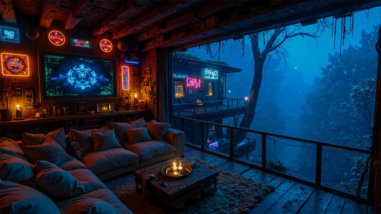 Cozy Cyberpunk Cabin in the Rain 🌧️ Neon Forest Night Retreat | Relaxing Ambience | 4K