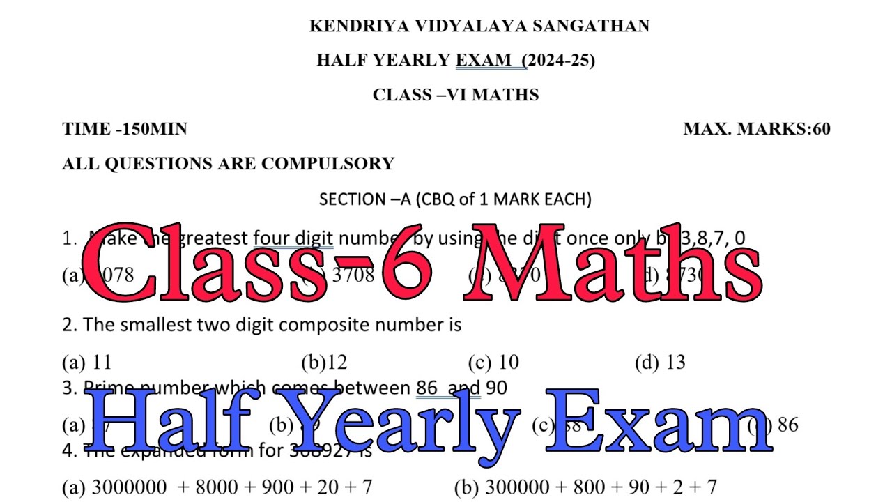 Class-6 Maths Half Yearly Exam Question Paper TERM-1 / Session 2024-25 / For Kendriya Vidyalaya St..