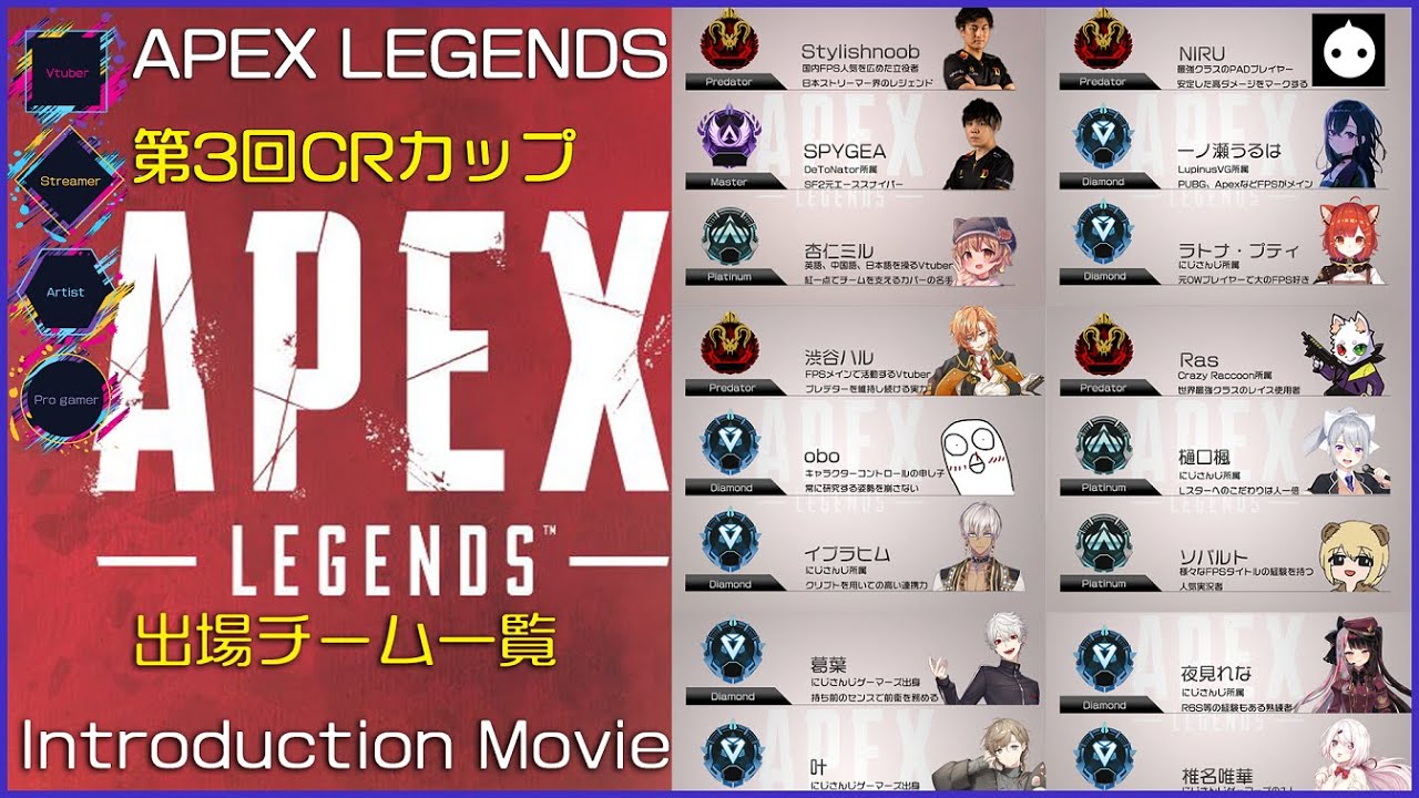【APEX LEGENDS】第3回CRカップ 全出場チーム一覧 【streamer/Vtuber/progamer/artist】