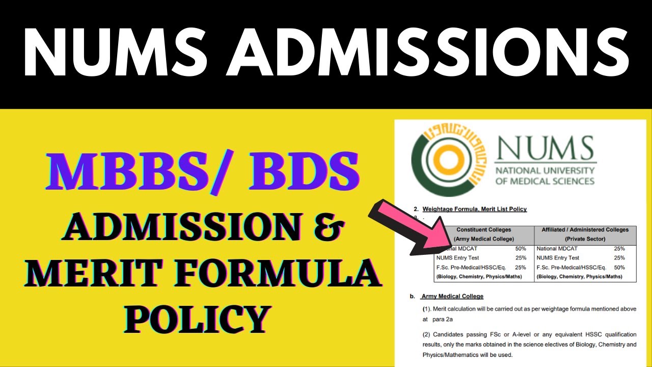 NUMS MBBS BDS Admissions & Merit Formula Calculations Policy | PMC MDCAT 2021 Result Medical college