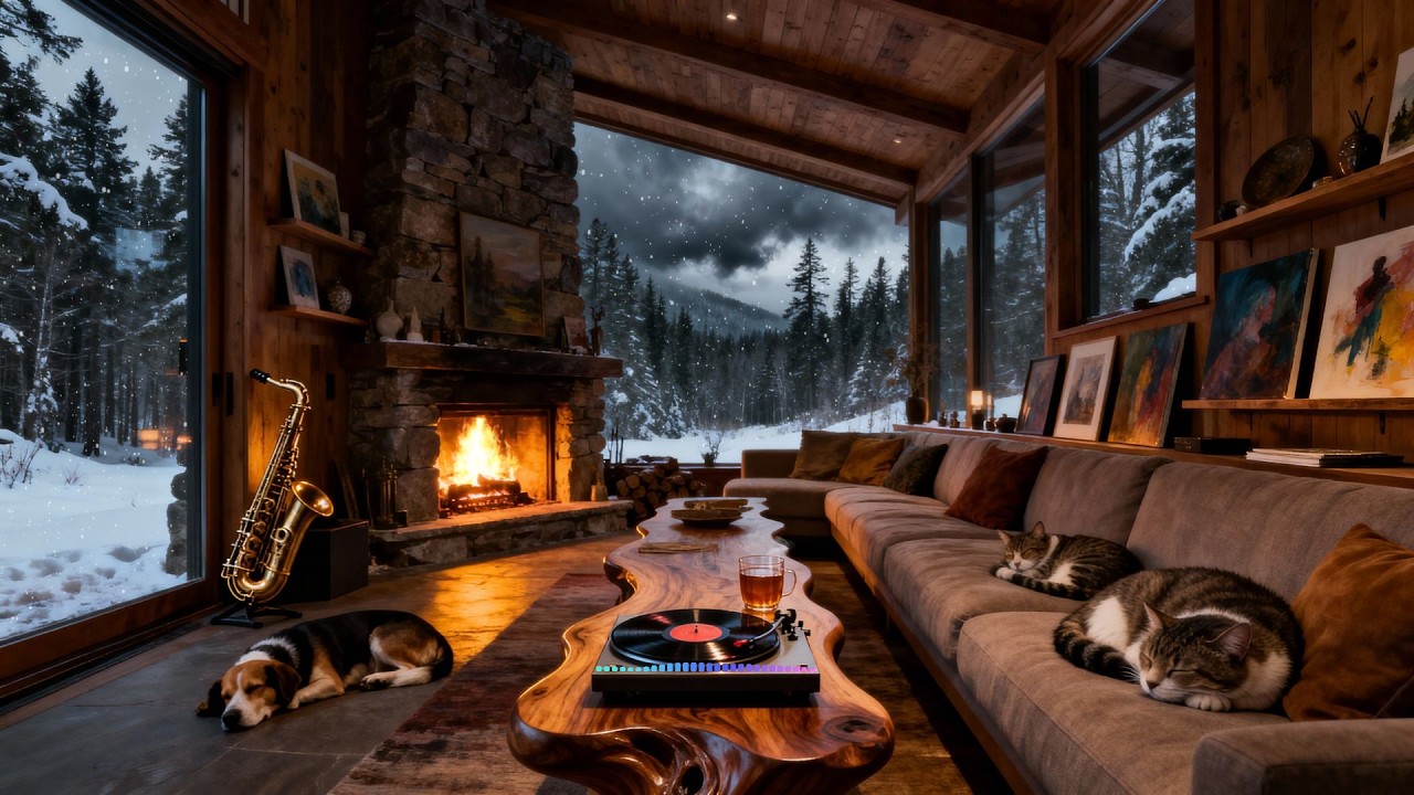 Emberleaf Winter Nights🔥 Snowfall Outside Cabin | Warm Jazz for Study & Focus