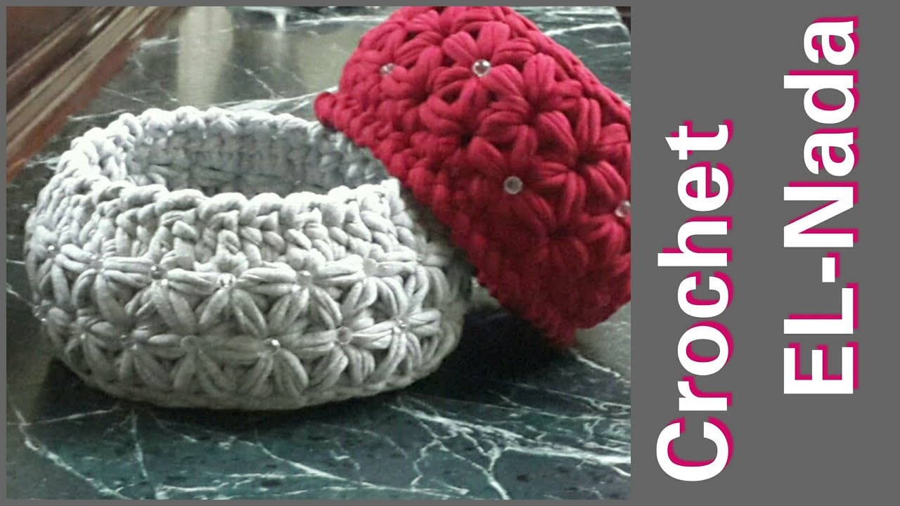 باسكت  دائرى بخيط الكليم بغرزة الياسمين\Crochet Basket With T-Shirt Yarn Jasmine Stitch