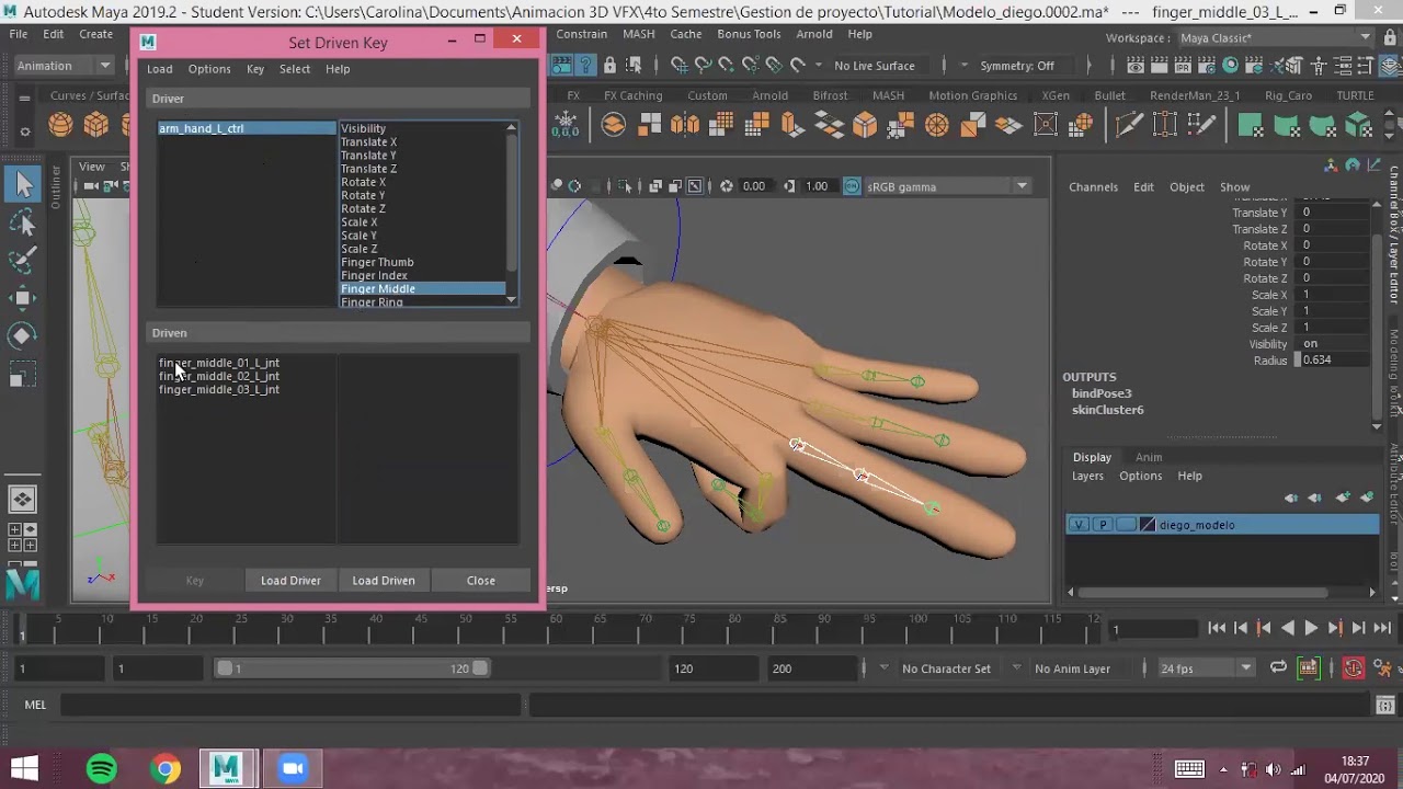 Rigging Maya - Set driven key para abrir y cerrar dedos