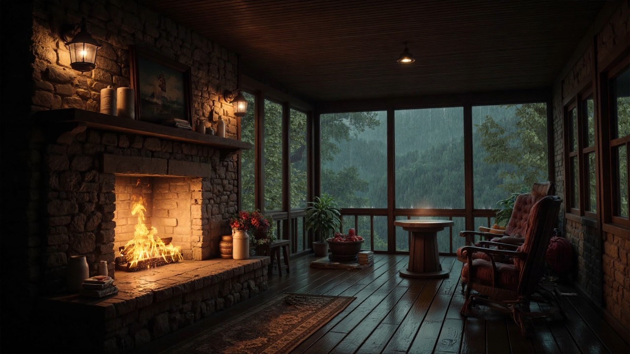 Midnight Rain at Lakeside Porch 😴🔥 Crackling Fire Sounds for Deep Sleep & Stress Relief Night