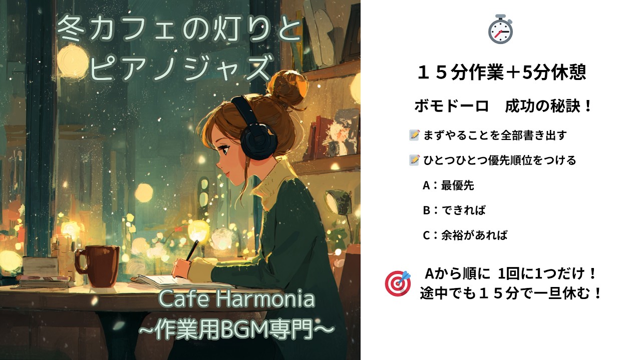 【15分ポモドーロ】夜の集中時間を彩るピアノジャズ｜【BGM付きタイマー】『冬カフェの灯りとピアノジャズ』｜作業用BGM｜ カフェ気分で効率UP｜勉強 集中 音楽｜