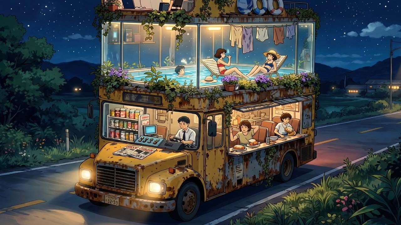 Road trip with family in the Mobile Home 🚐🌧️ on a rainy day ⛈  Ghibli - Style Video