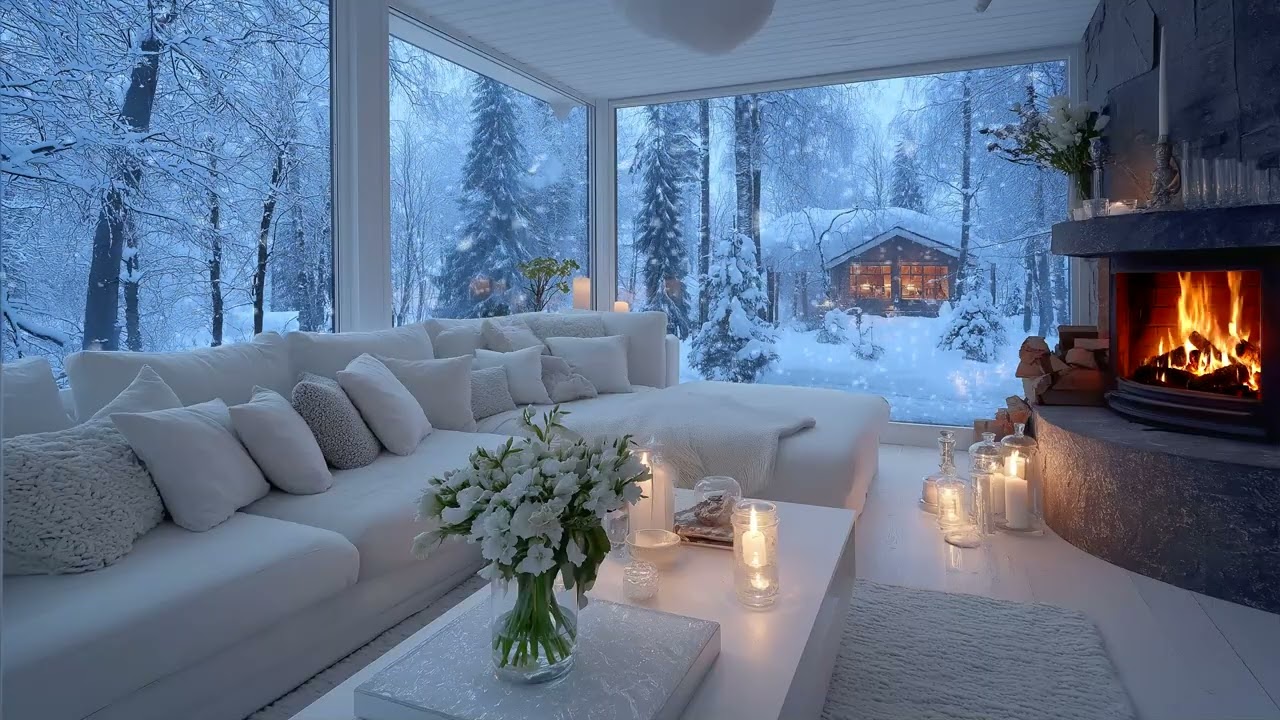 🌨️🎹 Romantic Snowfall Piano Ambience | Cozy White Lounge & Fireplace Glow | 5 Hours Calm Study Focus
