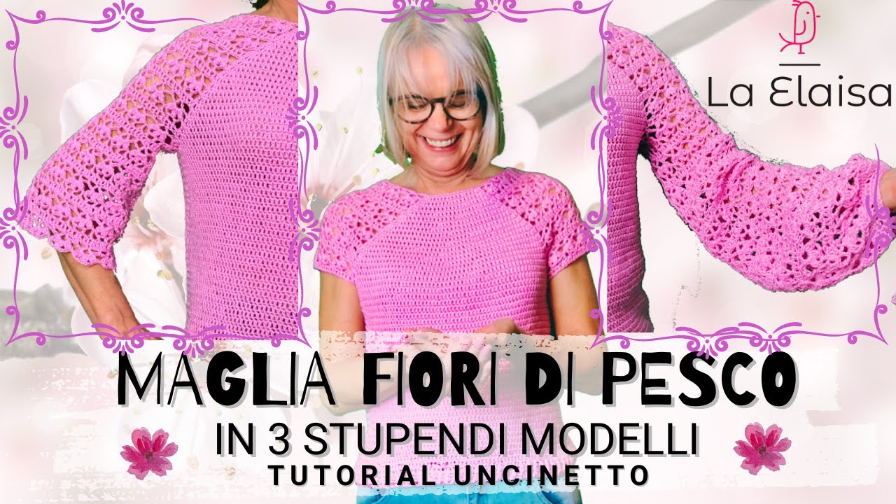 Maglia In Cotone Primaverile con maniche traforate: Fiori di Pesco - tutorial uncinetto