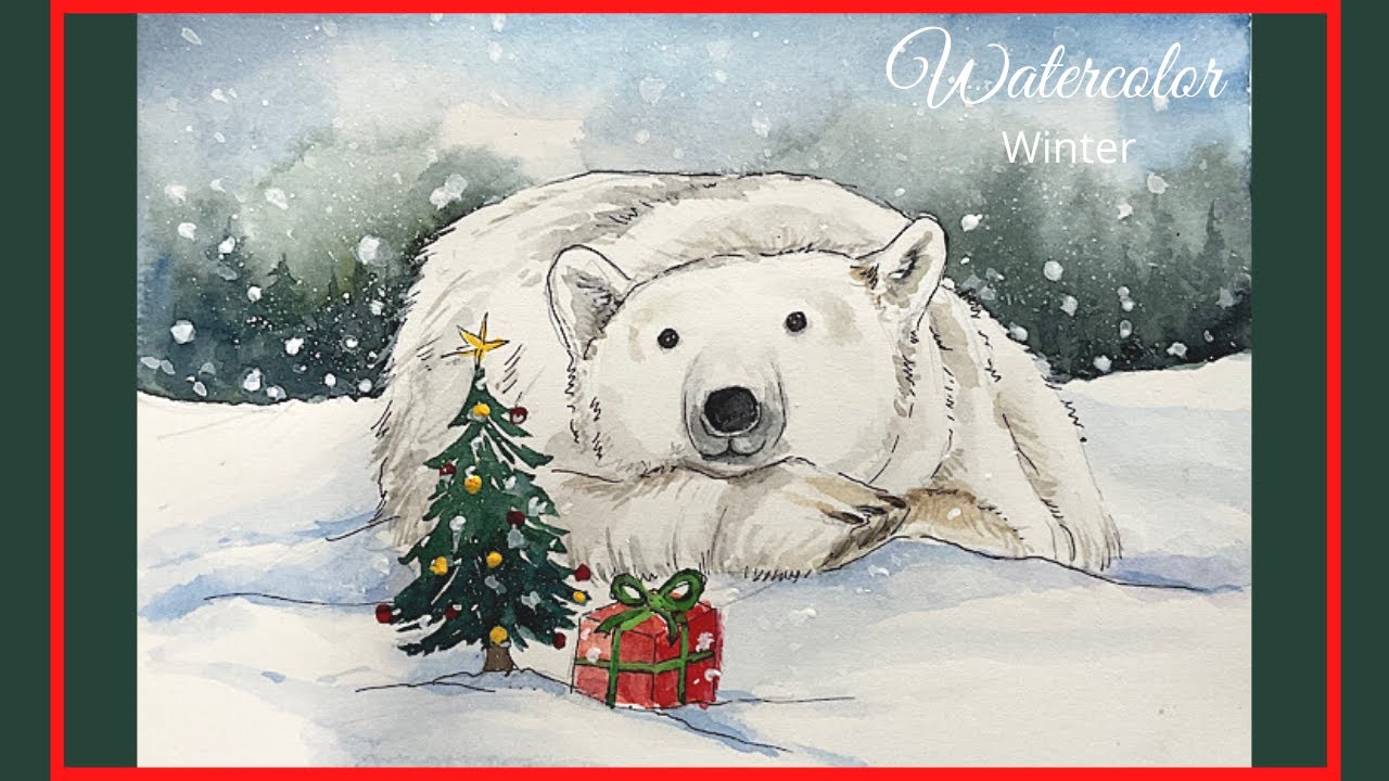 Watercolor Polar Bear Painting l Watercolor Winter Painting l 수채화 북극곰 그리기