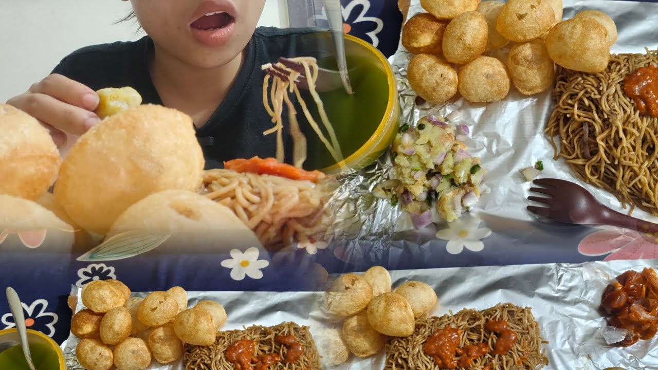 Eating chowmein,momos & panipuri  with Cold drink (Coco cola).