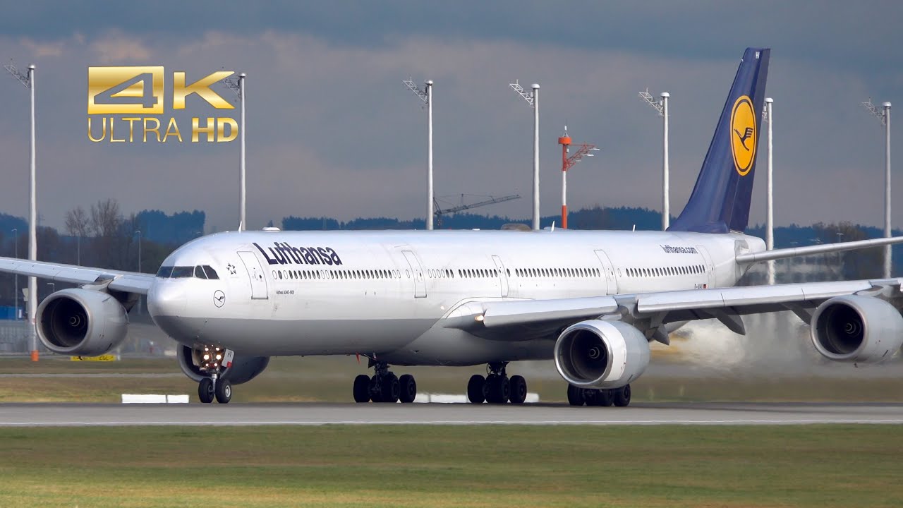 (4K) Airbus A340-642 from Lufthansa D-AIHV departure at Munich Airport MUC EDDM
